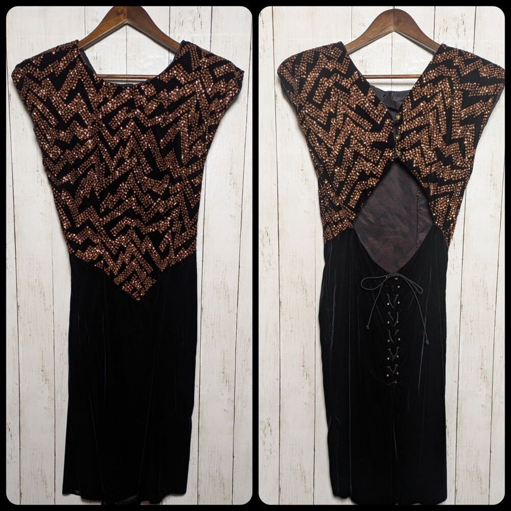 Vintage Zum Zum Black Velvet Rhinestone Gown Prom Dress Size 7/8 80s Glam Rock